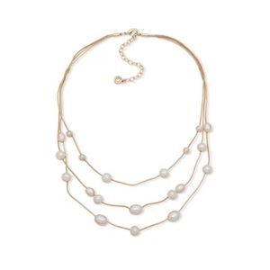 Anne Klein 16 Inch Satin Station Multi Row Blanc Pearl Necklace, Layered Pearl